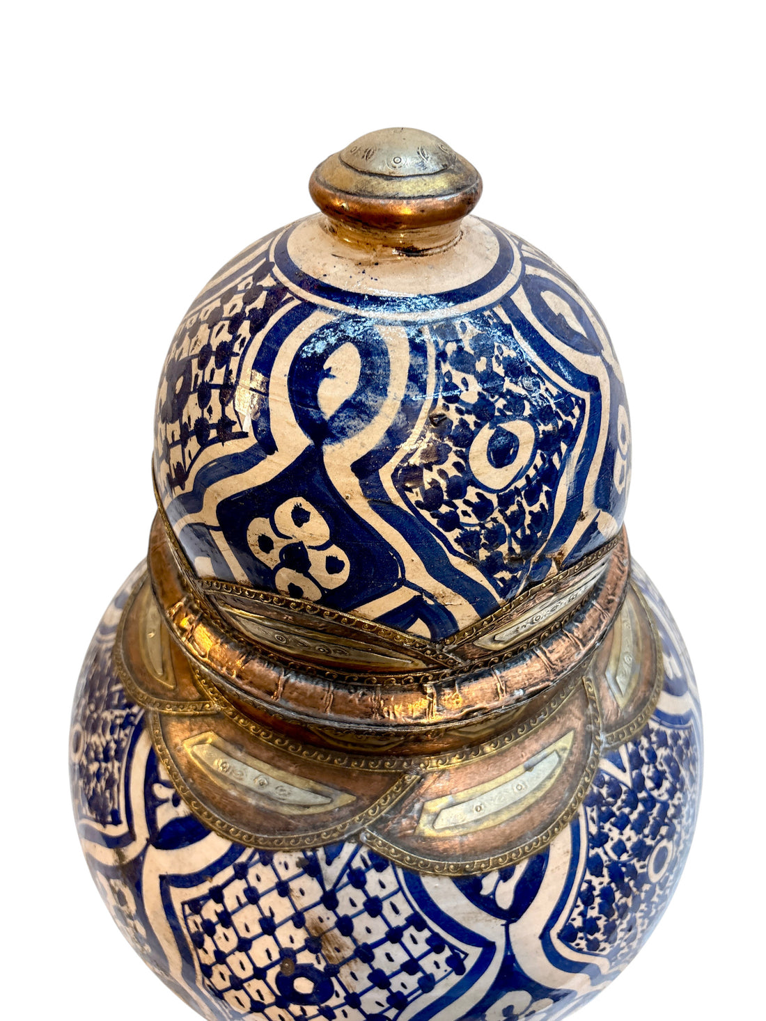 Moroccan Hand-Painted Blue &amp; White Double-Gourd Lidded Urn with Filigreed Brass