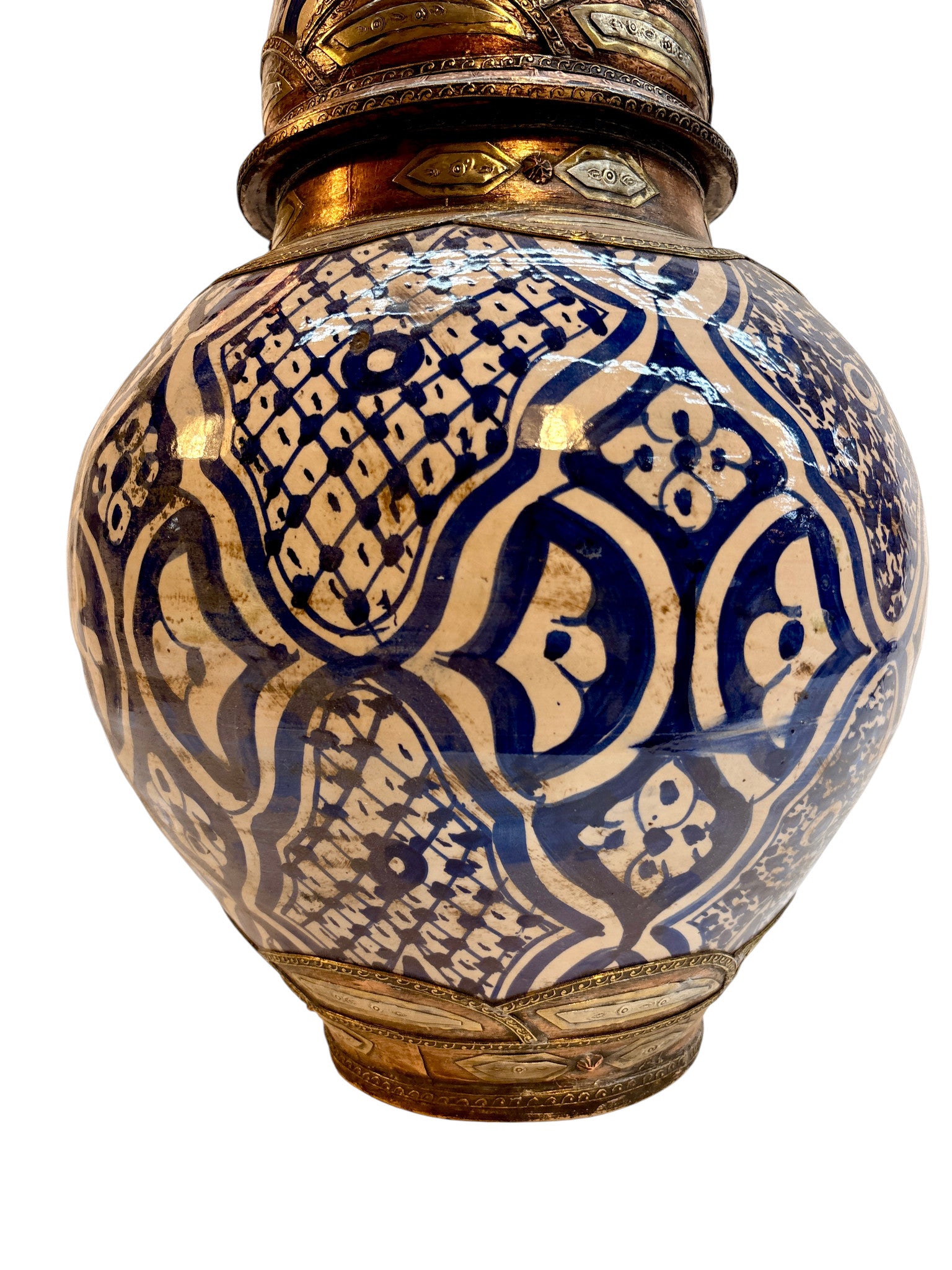 Moroccan Hand-Painted Blue &amp; White Double-Gourd Lidded Urn with Filigreed Brass