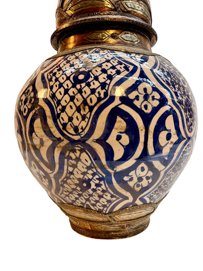 Moroccan Hand-Painted Blue &amp; White Double-Gourd Lidded Urn with Filigreed Brass