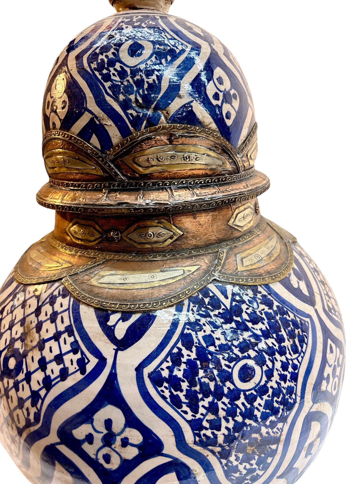 Moroccan Hand-Painted Blue &amp; White Double-Gourd Lidded Urn with Filigreed Brass