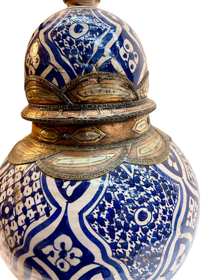 Moroccan Hand-Painted Blue &amp; White Double-Gourd Lidded Urn with Filigreed Brass