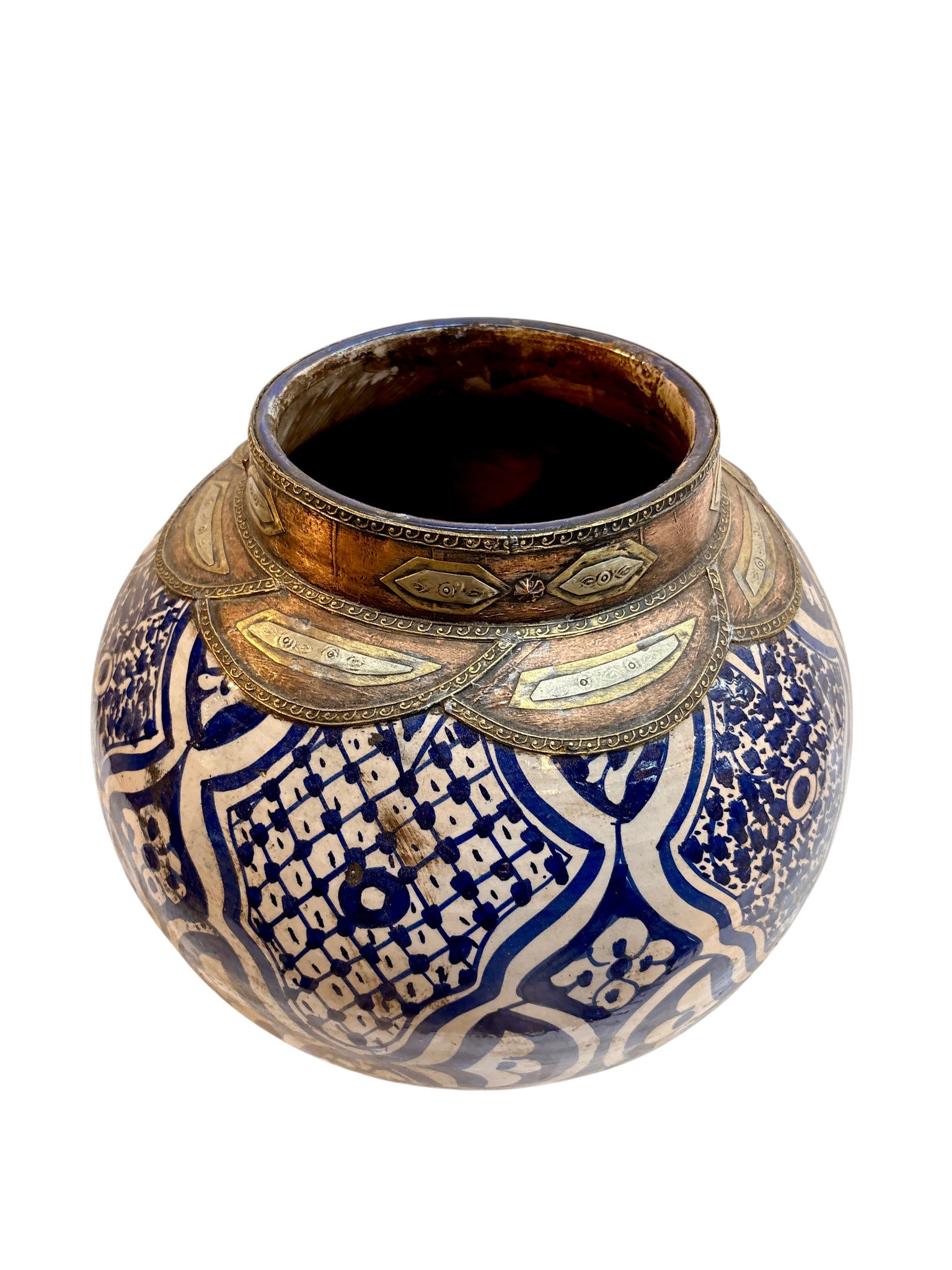 Moroccan Hand-Painted Blue &amp; White Double-Gourd Lidded Urn with Filigreed Brass