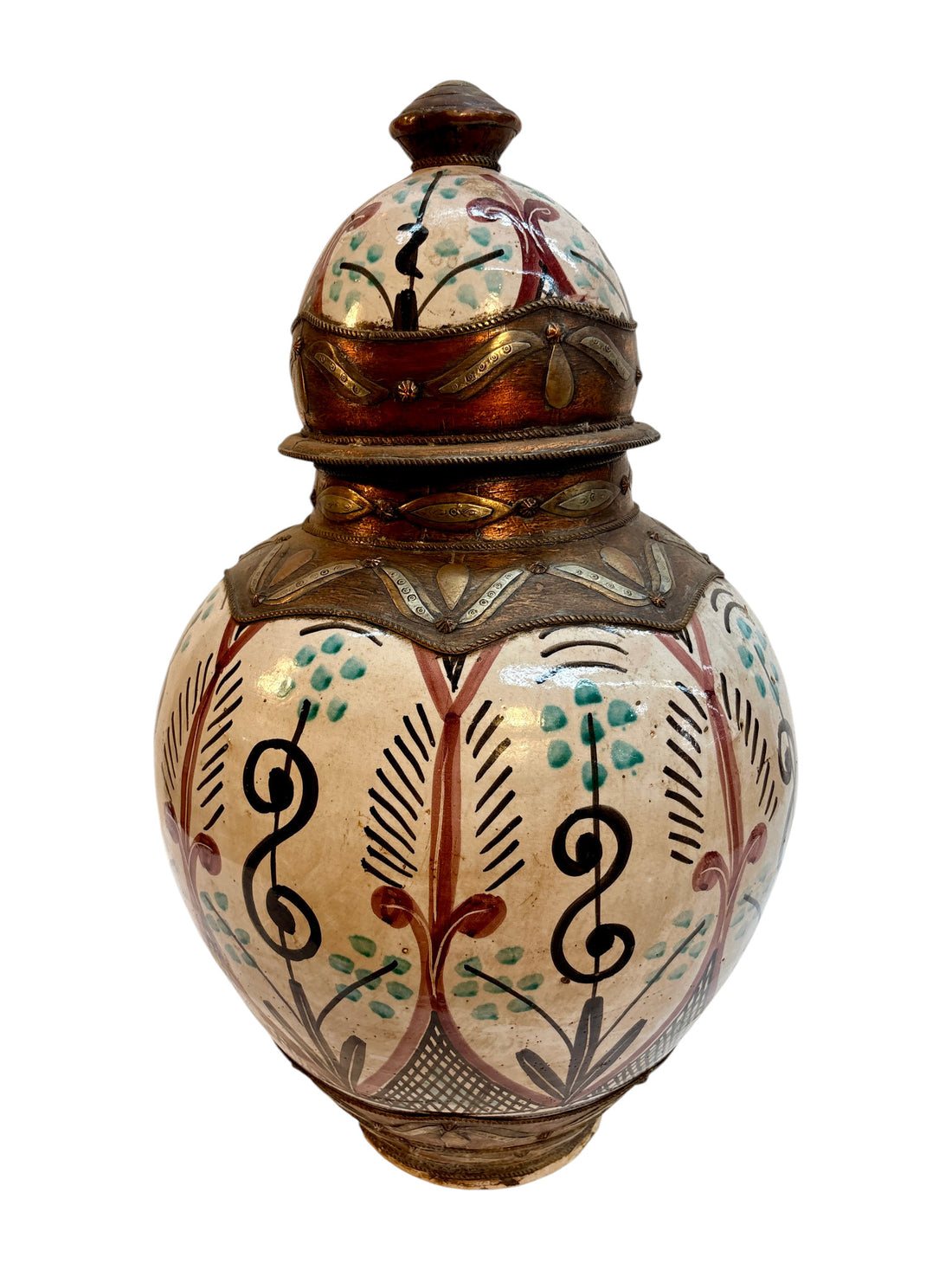 Moroccan Hand-Painted Botanical Double-Gourd Lidded Urn with Brass Metalwork