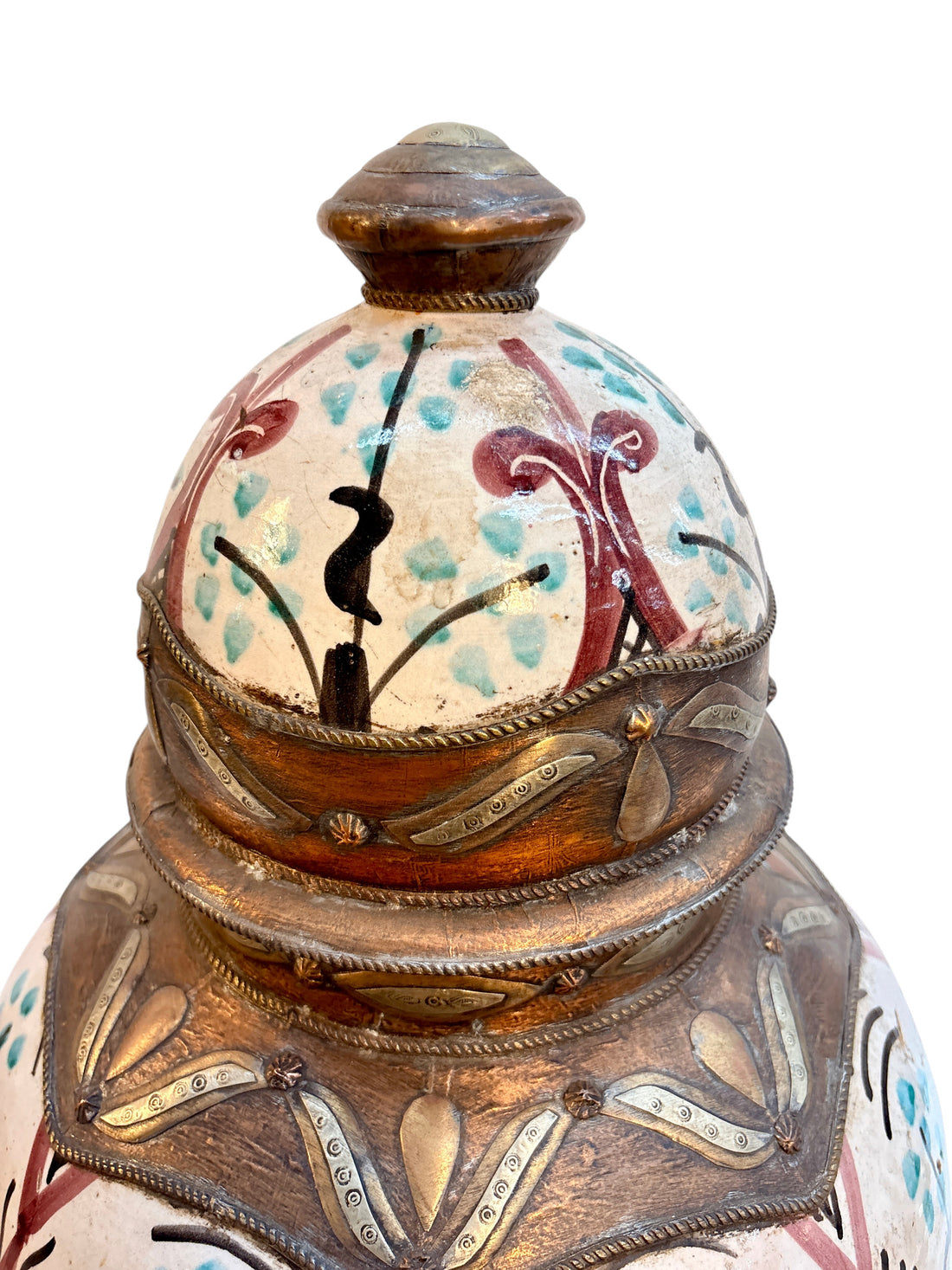 Moroccan Hand-Painted Botanical Double-Gourd Lidded Urn with Brass Metalwork