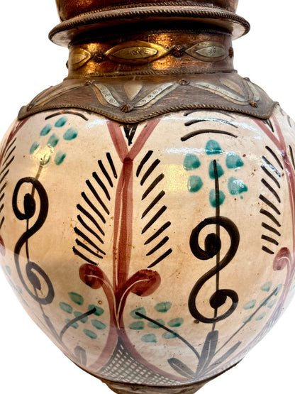 Moroccan Hand-Painted Botanical Double-Gourd Lidded Urn with Brass Metalwork