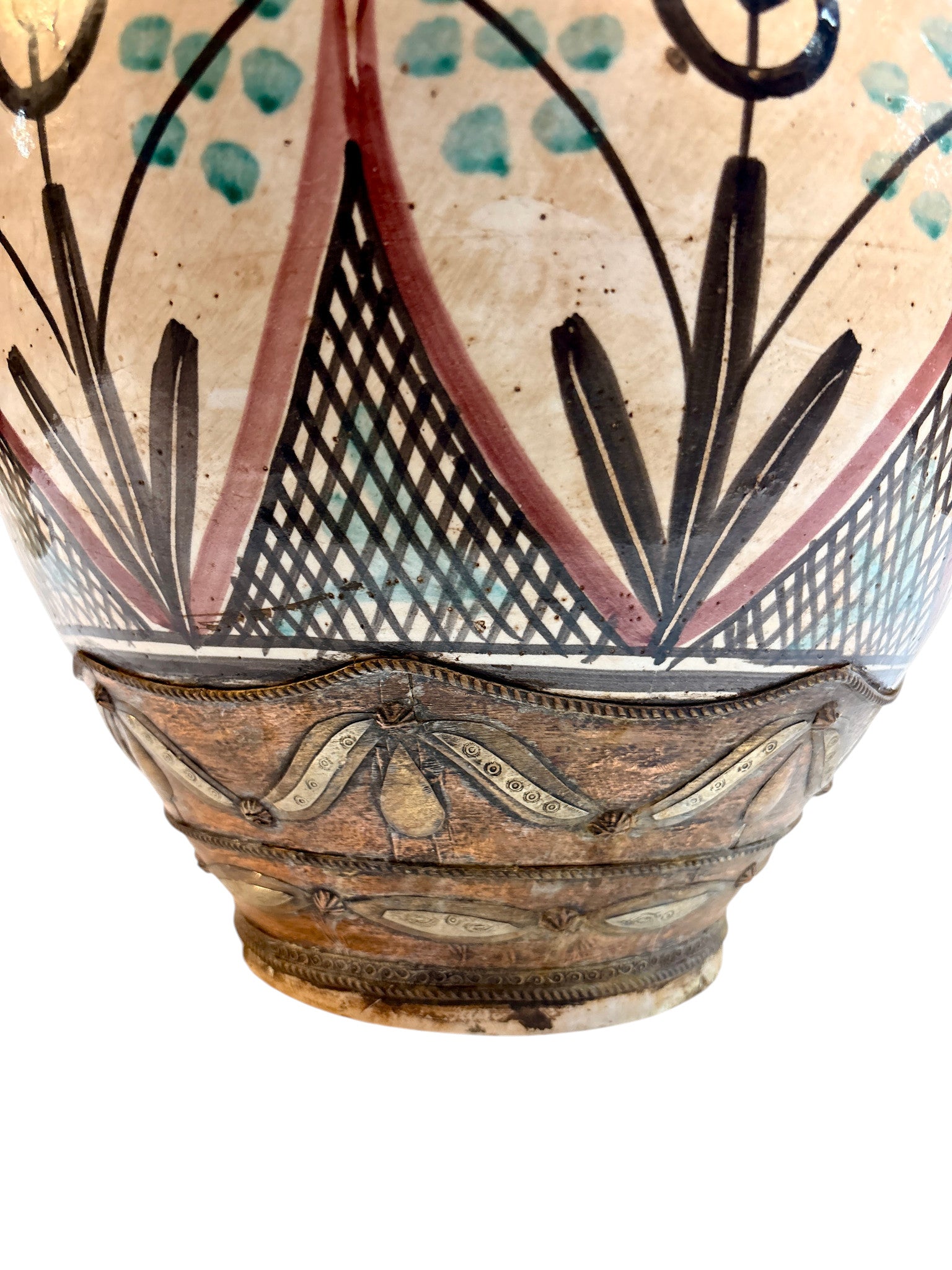 Moroccan Hand-Painted Botanical Double-Gourd Lidded Urn with Brass Metalwork