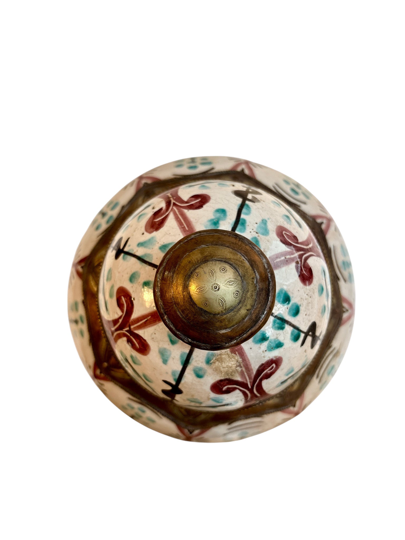 Moroccan Hand-Painted Botanical Double-Gourd Lidded Urn with Brass Metalwork