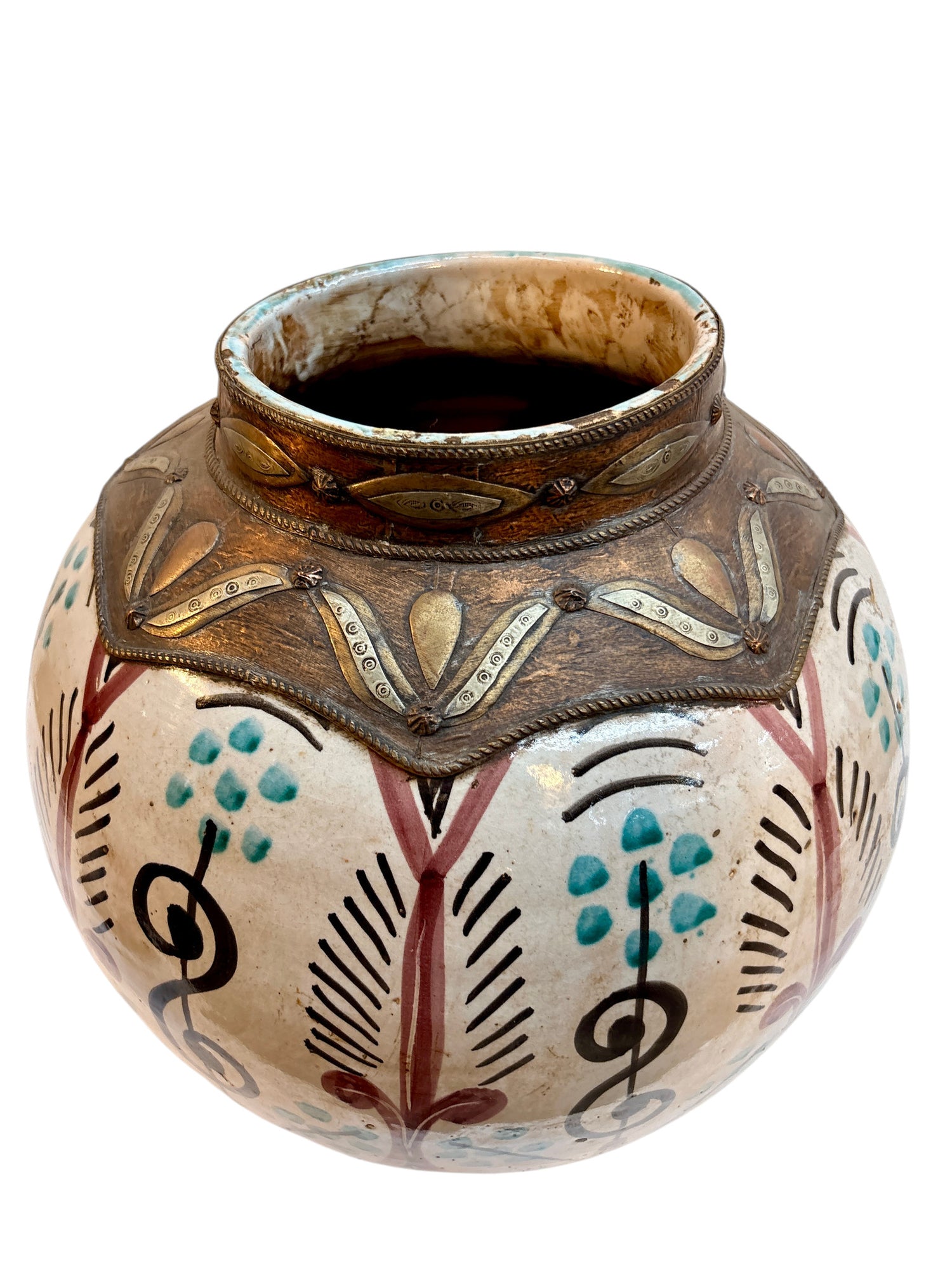 Moroccan Hand-Painted Botanical Double-Gourd Lidded Urn with Brass Metalwork