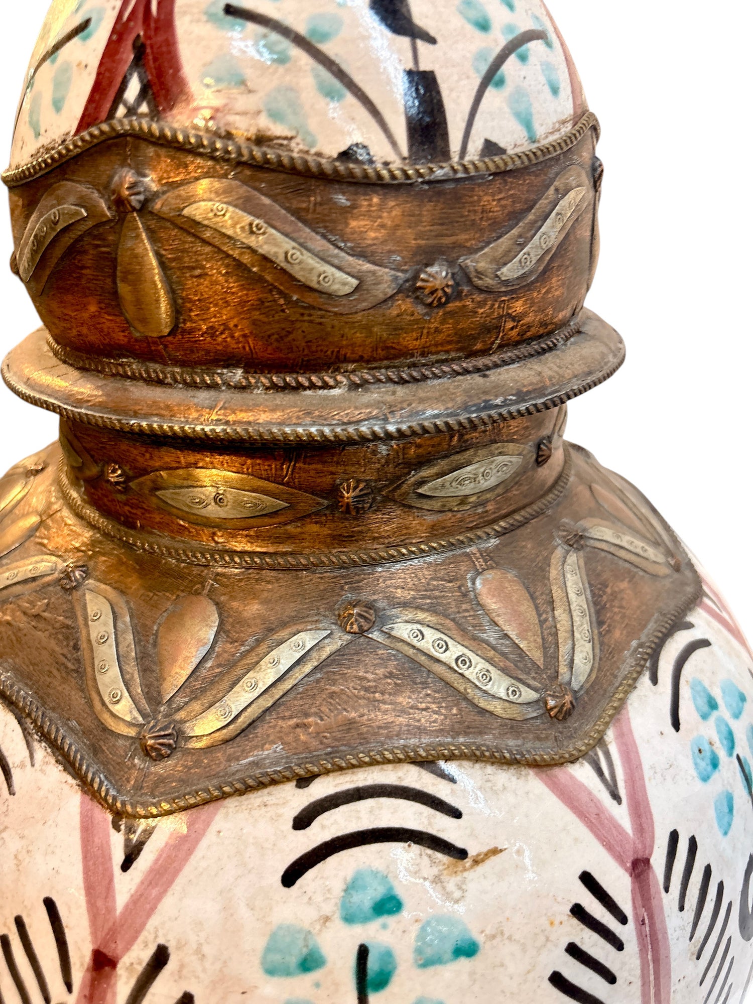 Moroccan Hand-Painted Botanical Double-Gourd Lidded Urn with Brass Metalwork