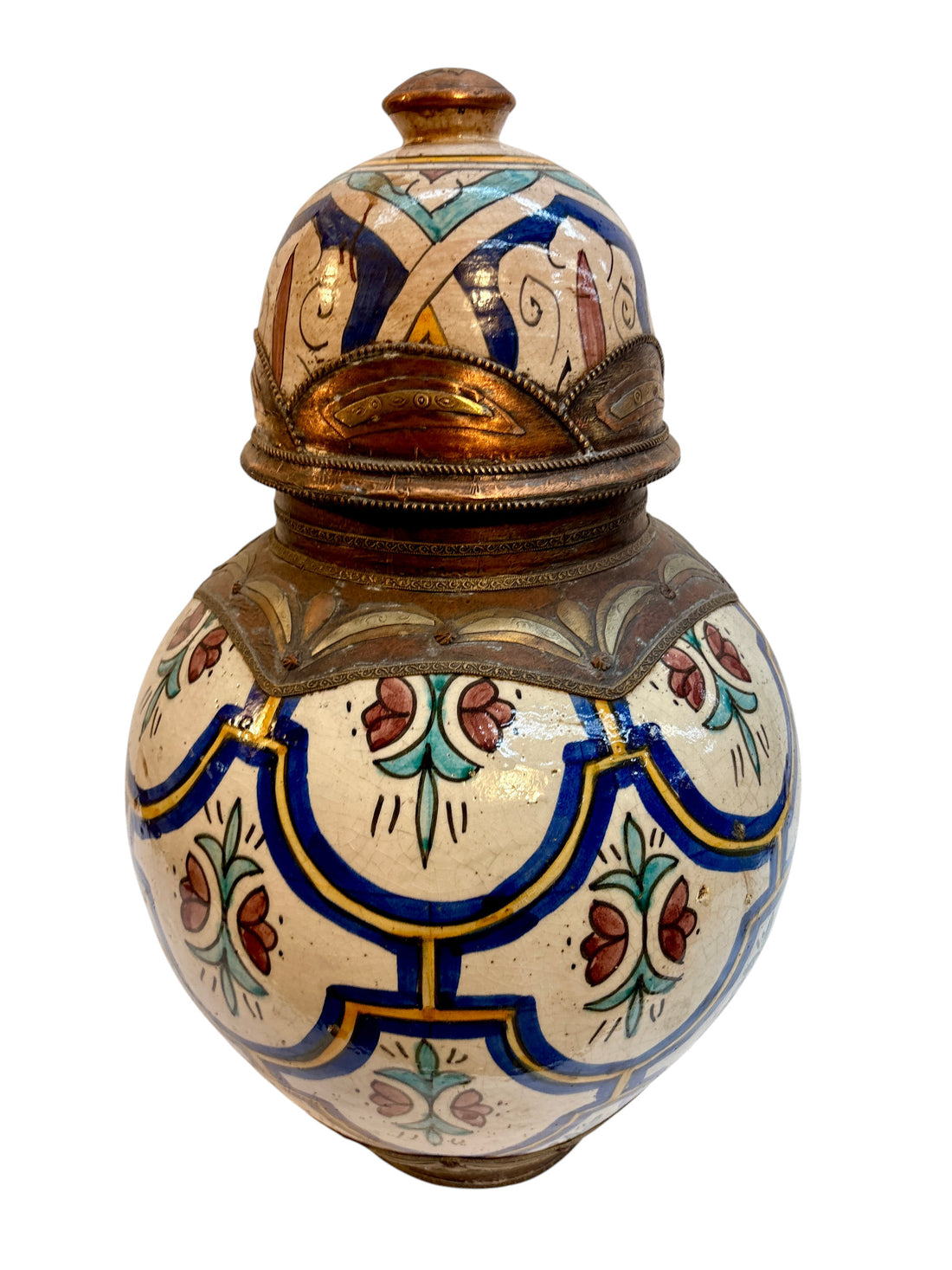 Moroccan Hand-Painted Floral Double-Gourd Lidded Urn with Brass Metalwork