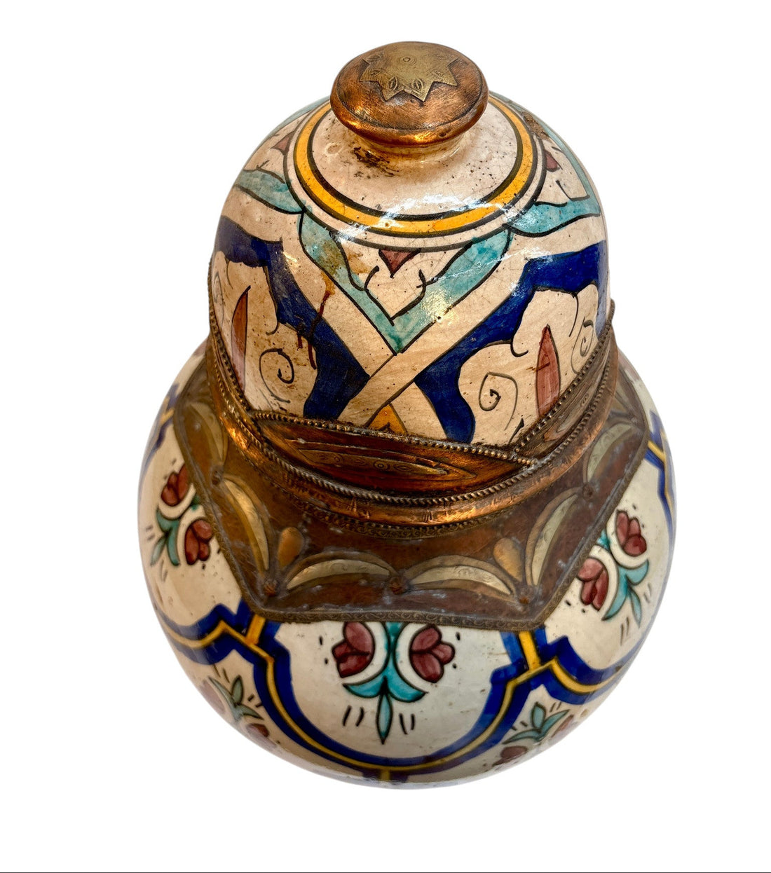 Moroccan Hand-Painted Floral Double-Gourd Lidded Urn with Brass Metalwork