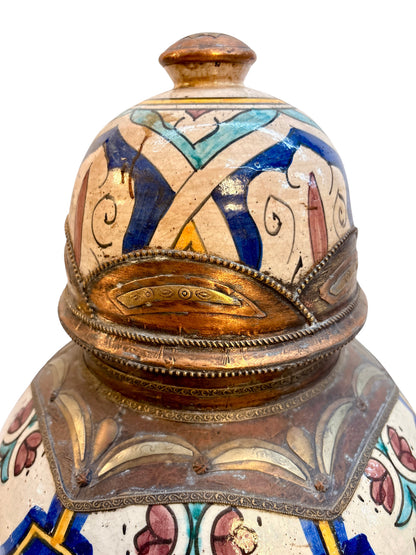 Moroccan Hand-Painted Floral Double-Gourd Lidded Urn with Brass Metalwork