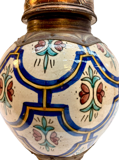 Moroccan Hand-Painted Floral Double-Gourd Lidded Urn with Brass Metalwork