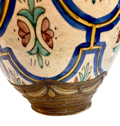 Moroccan Hand-Painted Floral Double-Gourd Lidded Urn with Brass Metalwork