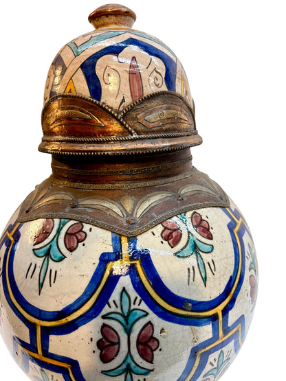 Moroccan Hand-Painted Floral Double-Gourd Lidded Urn with Brass Metalwork