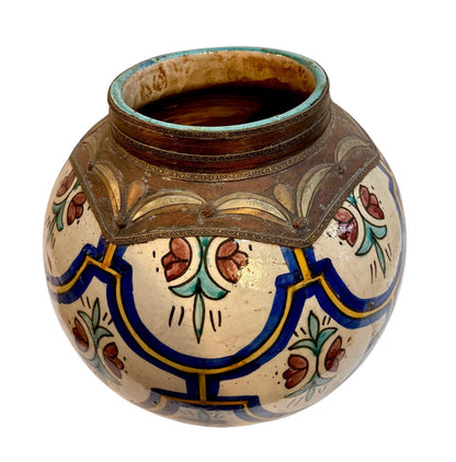 Moroccan Hand-Painted Floral Double-Gourd Lidded Urn with Brass Metalwork