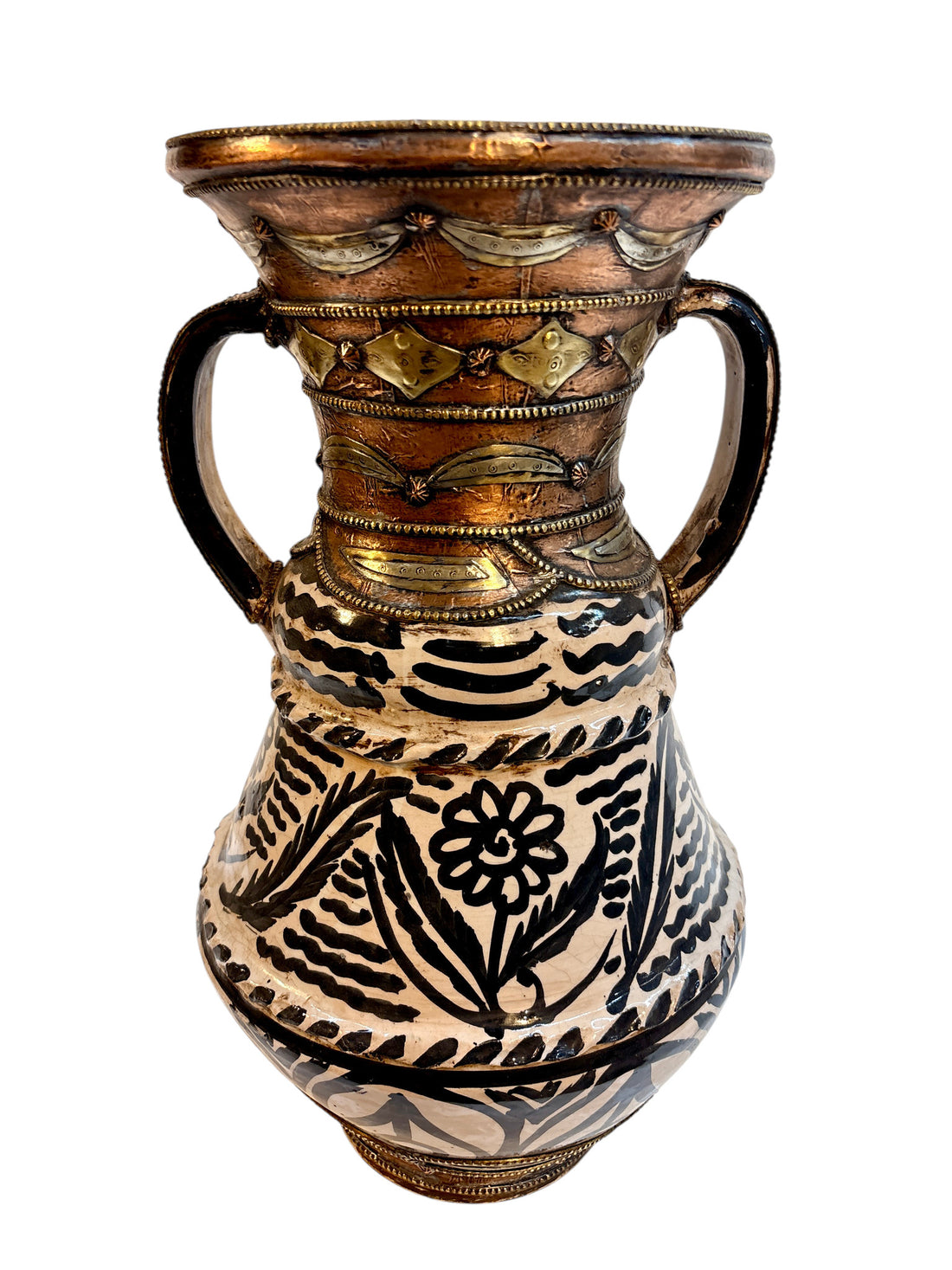 Hand-Painted Black &amp; Ivory Open Amphora Vase with Copper &amp; Brass Metalwork