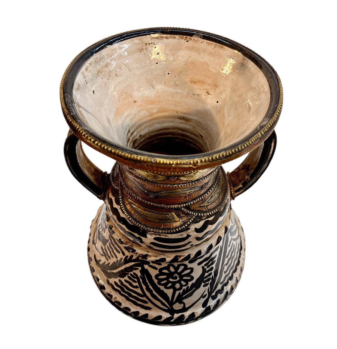 Hand-Painted Black &amp; Ivory Open Amphora Vase with Copper &amp; Brass Metalwork
