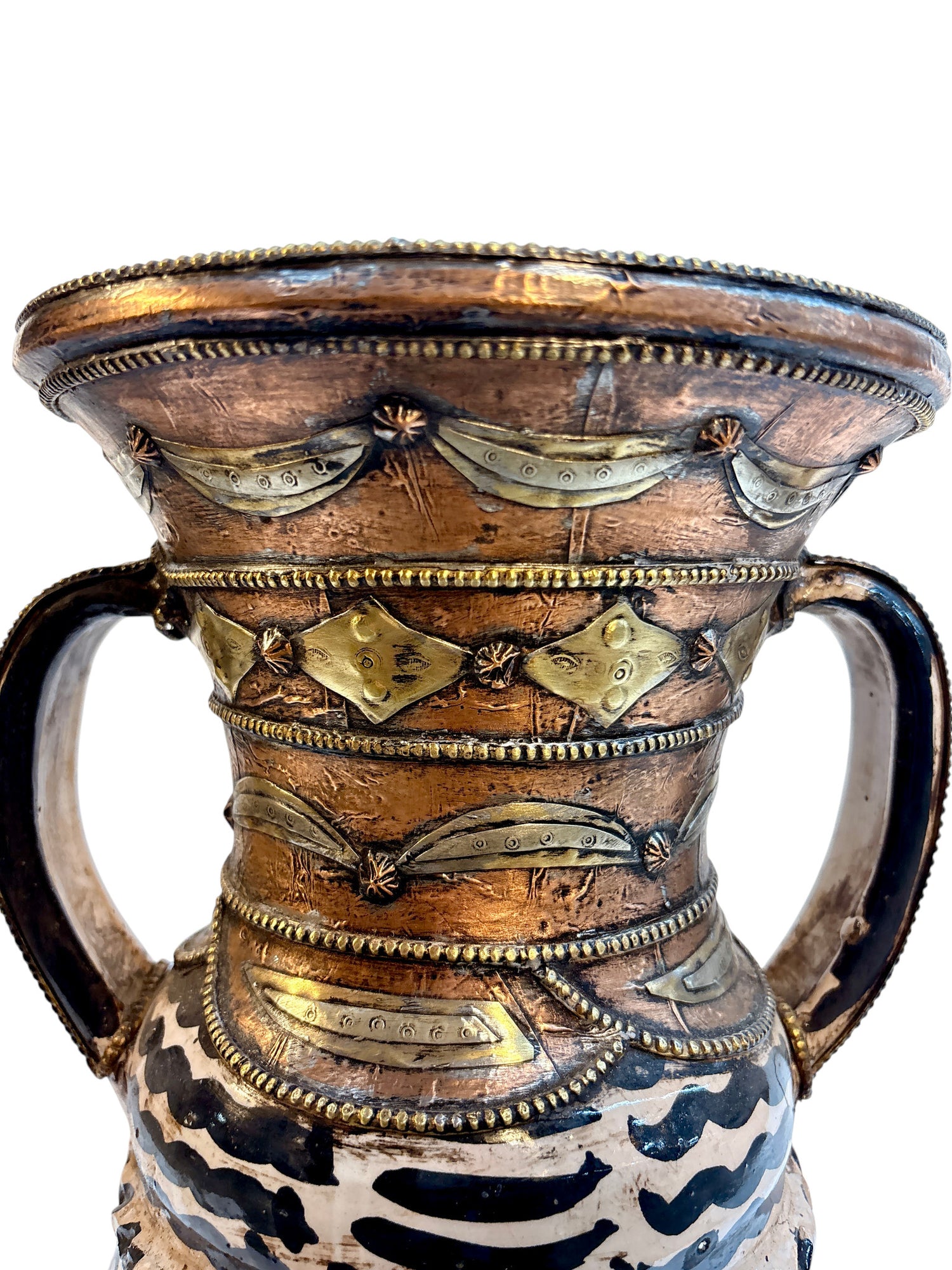 Hand-Painted Black &amp; Ivory Open Amphora Vase with Copper &amp; Brass Metalwork