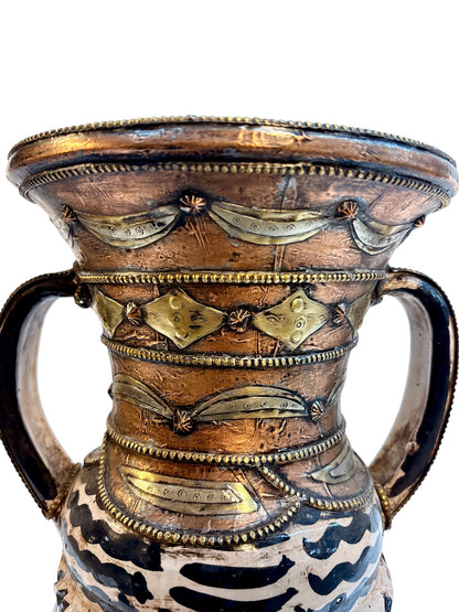 Hand-Painted Black &amp; Ivory Open Amphora Vase with Copper &amp; Brass Metalwork