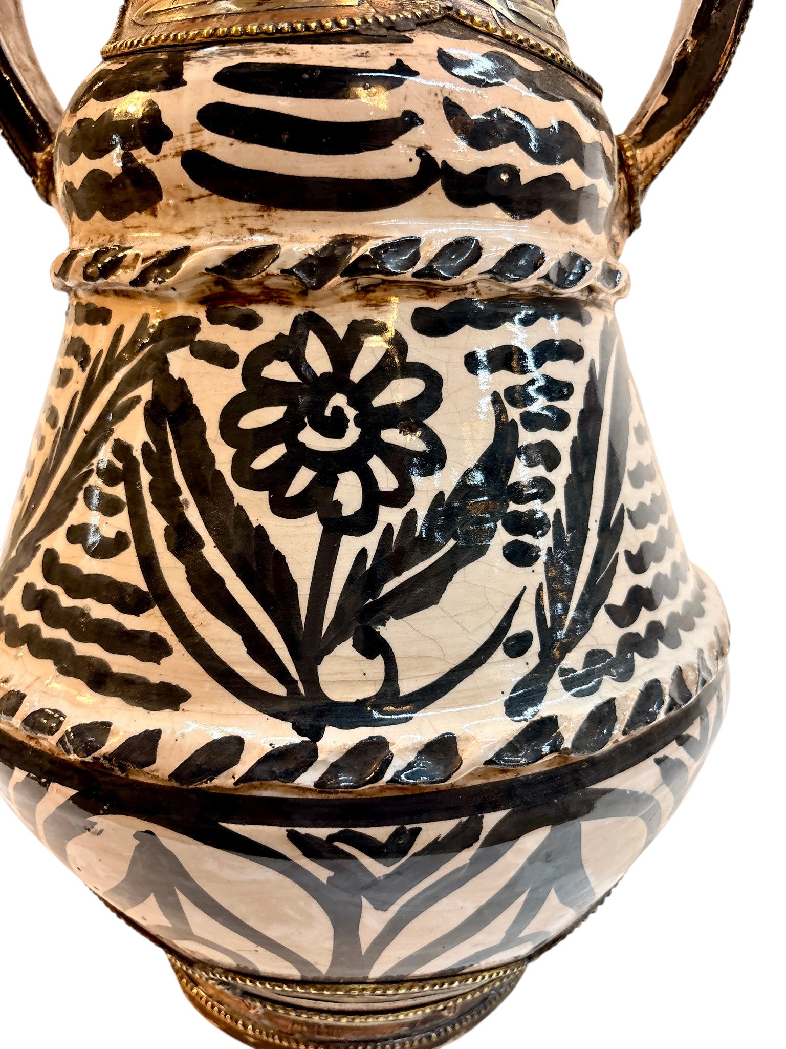 Hand-Painted Black &amp; Ivory Open Amphora Vase with Copper &amp; Brass Metalwork
