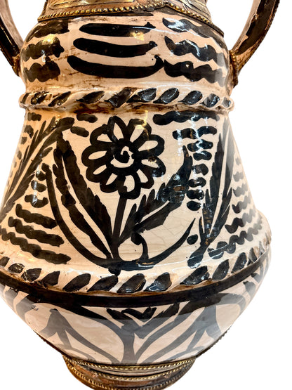 Hand-Painted Black &amp; Ivory Open Amphora Vase with Copper &amp; Brass Metalwork