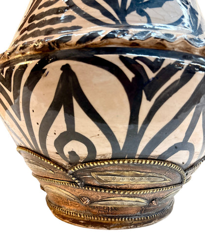 Hand-Painted Black &amp; Ivory Open Amphora Vase with Copper &amp; Brass Metalwork