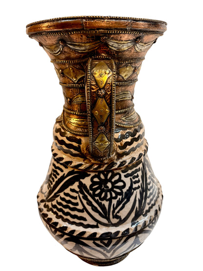 Hand-Painted Black &amp; Ivory Open Amphora Vase with Copper &amp; Brass Metalwork