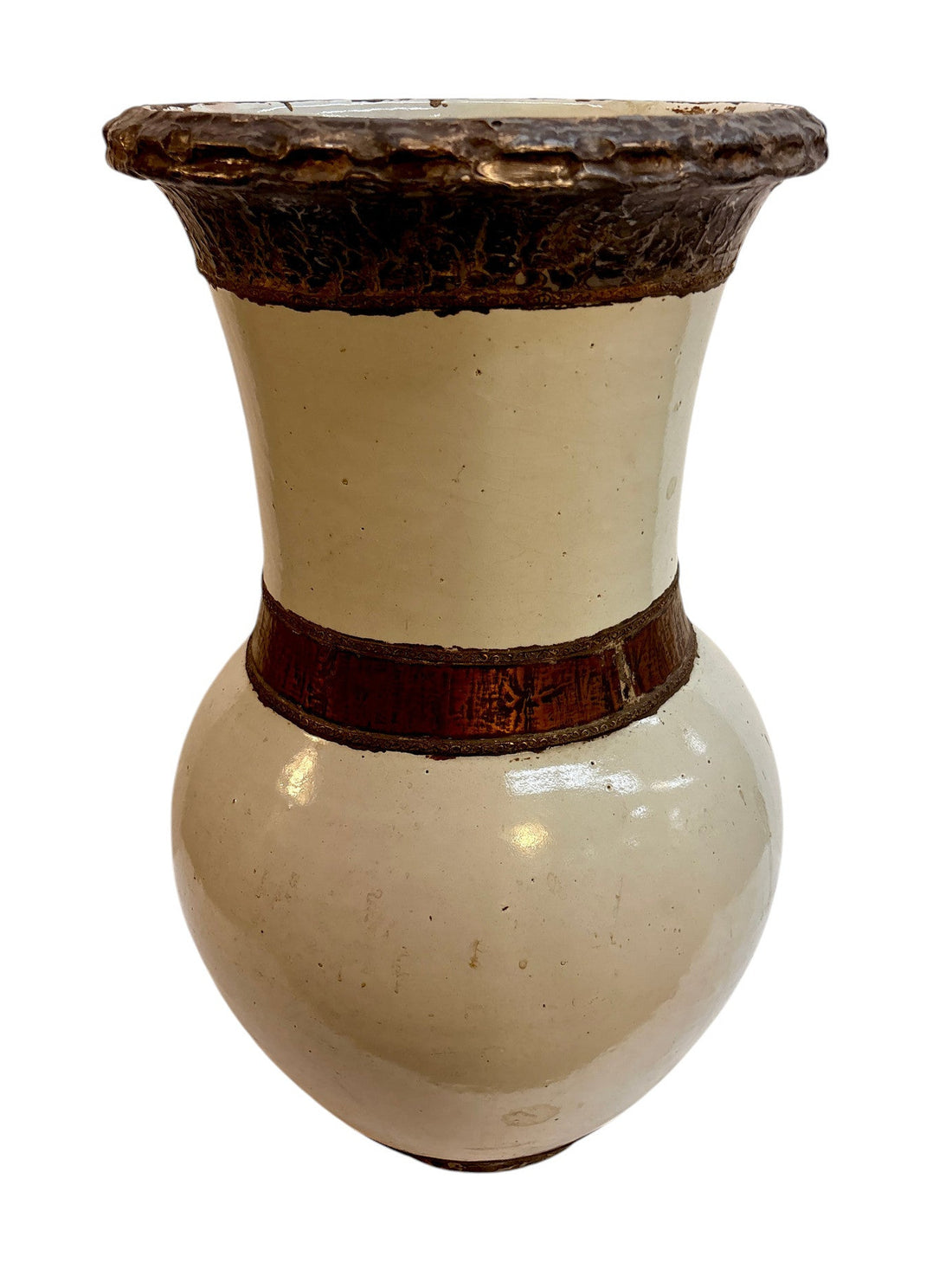 Moroccan Cream-Glazed Open Vase with Copper Rim and Waist Band
