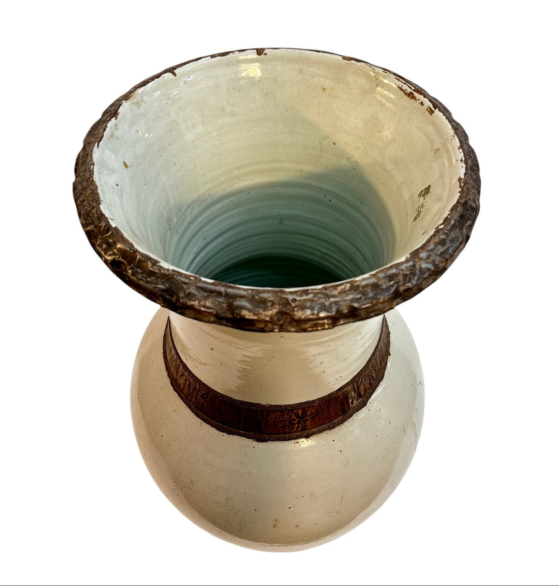 Moroccan Cream-Glazed Open Vase with Copper Rim and Waist Band