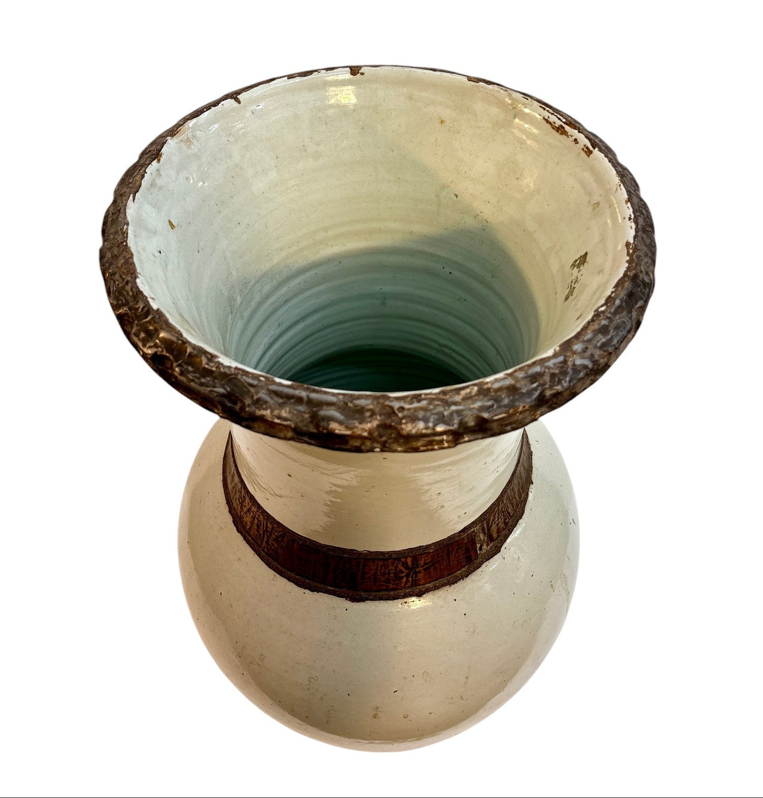 Moroccan Cream-Glazed Open Vase with Copper Rim and Waist Band