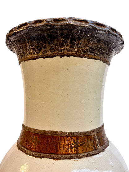 Moroccan Cream-Glazed Open Vase with Copper Rim and Waist Band