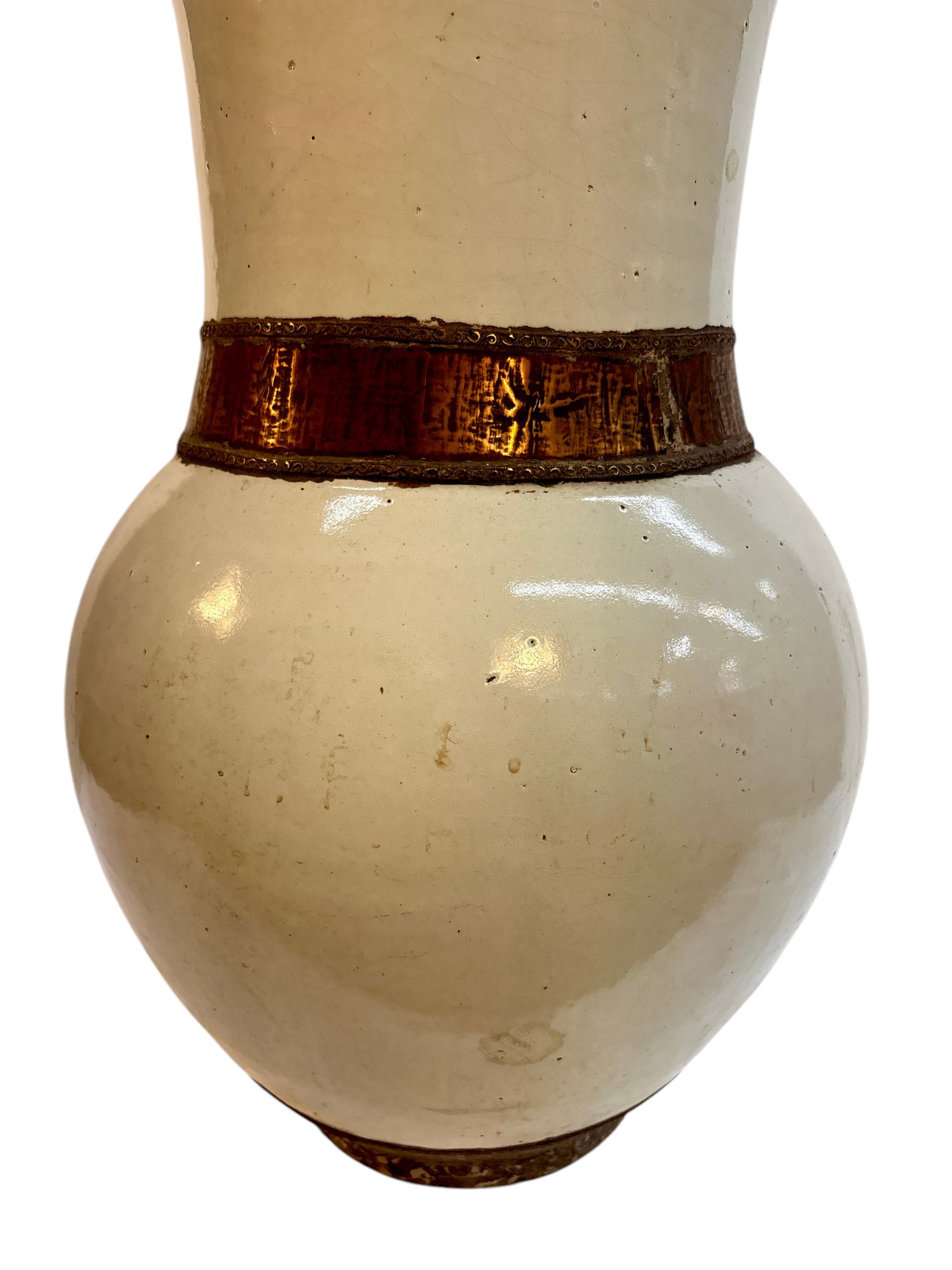 Moroccan Cream-Glazed Open Vase with Copper Rim and Waist Band