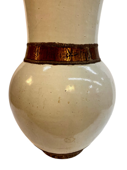 Moroccan Cream-Glazed Open Vase with Copper Rim and Waist Band
