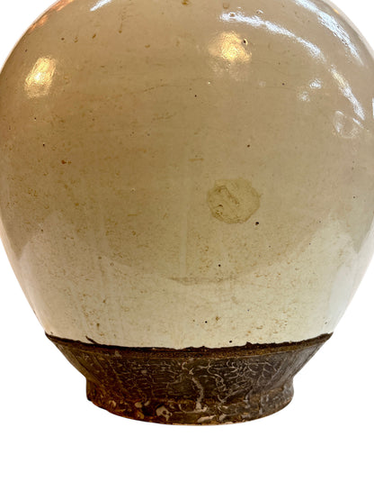 Moroccan Cream-Glazed Open Vase with Copper Rim and Waist Band