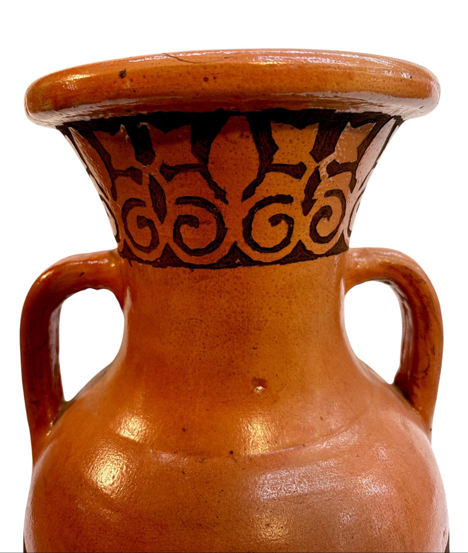 Moroccan Terracotta Amphora Vase with Arabic Calligraphy Band and Scroll Neck