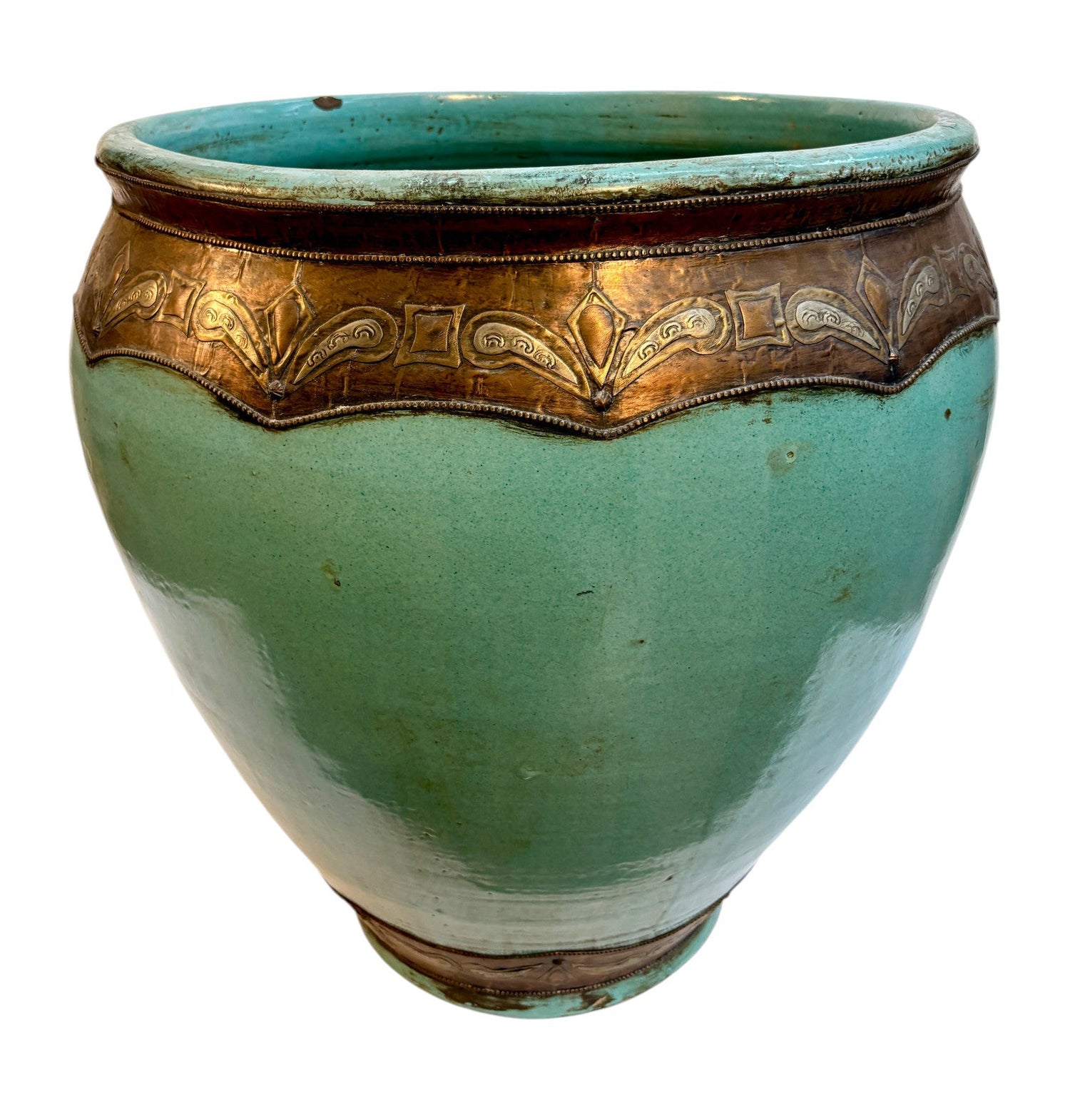 Large Moroccan Turquoise-Glazed Open Planter with Brass Metalwork Band