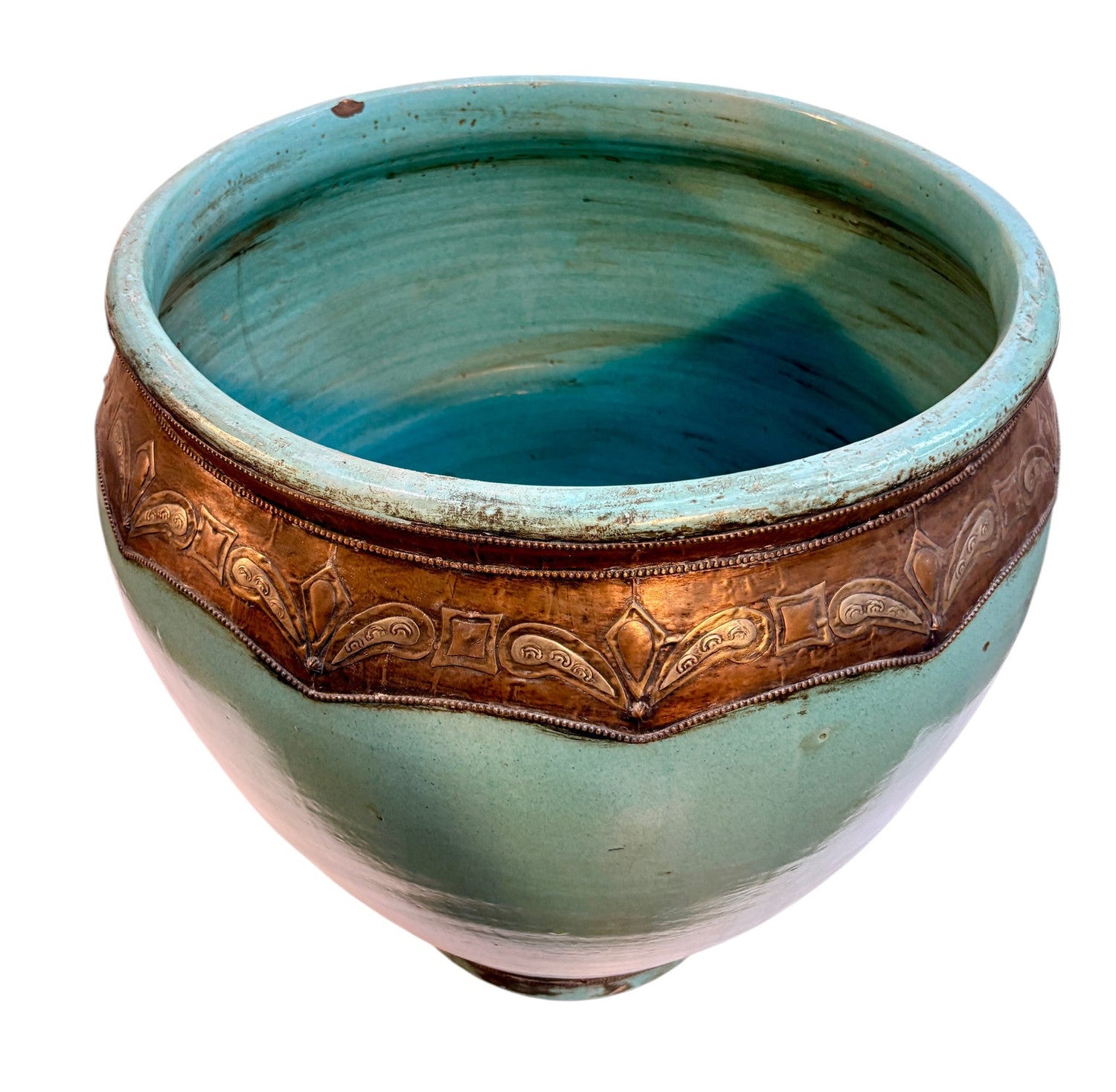 Large Moroccan Turquoise-Glazed Open Planter with Brass Metalwork Band