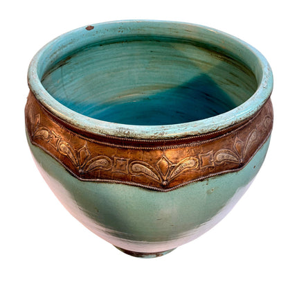 Large Moroccan Turquoise-Glazed Open Planter with Brass Metalwork Band