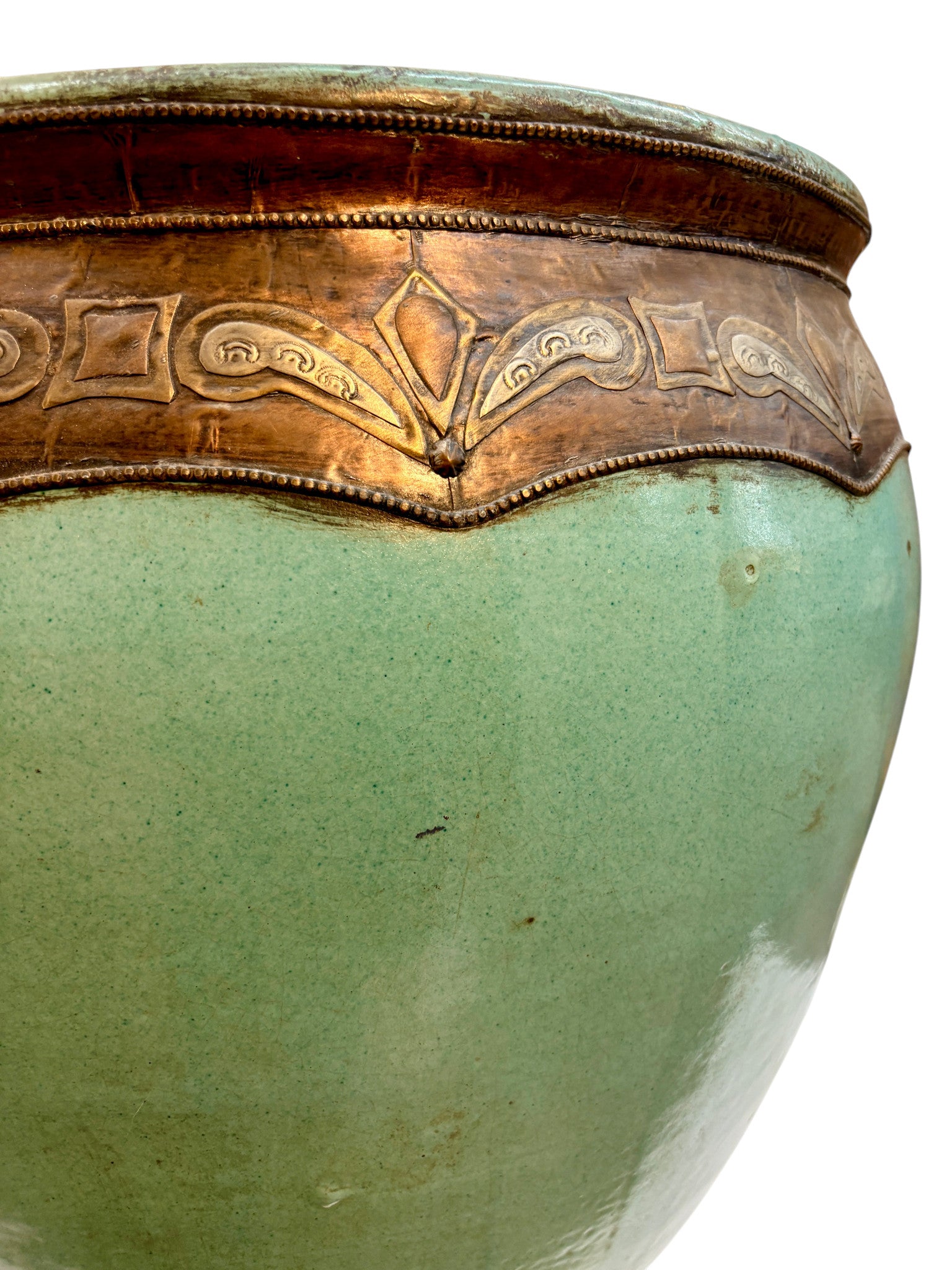 Large Moroccan Turquoise-Glazed Open Planter with Brass Metalwork Band