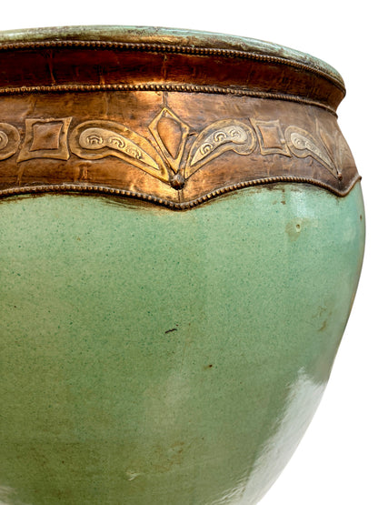Large Moroccan Turquoise-Glazed Open Planter with Brass Metalwork Band