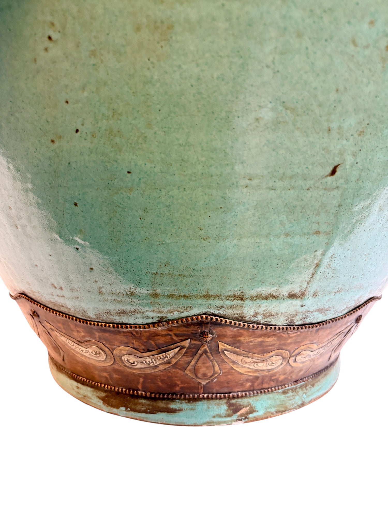 Large Moroccan Turquoise-Glazed Open Planter with Brass Metalwork Band