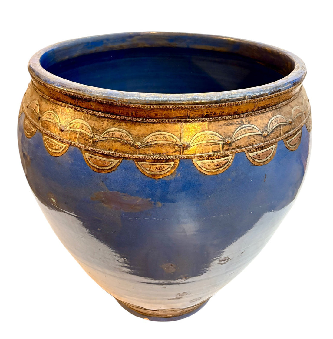 Large Moroccan Cobalt Blue-Glazed Open Planter with Brass Medallion Band