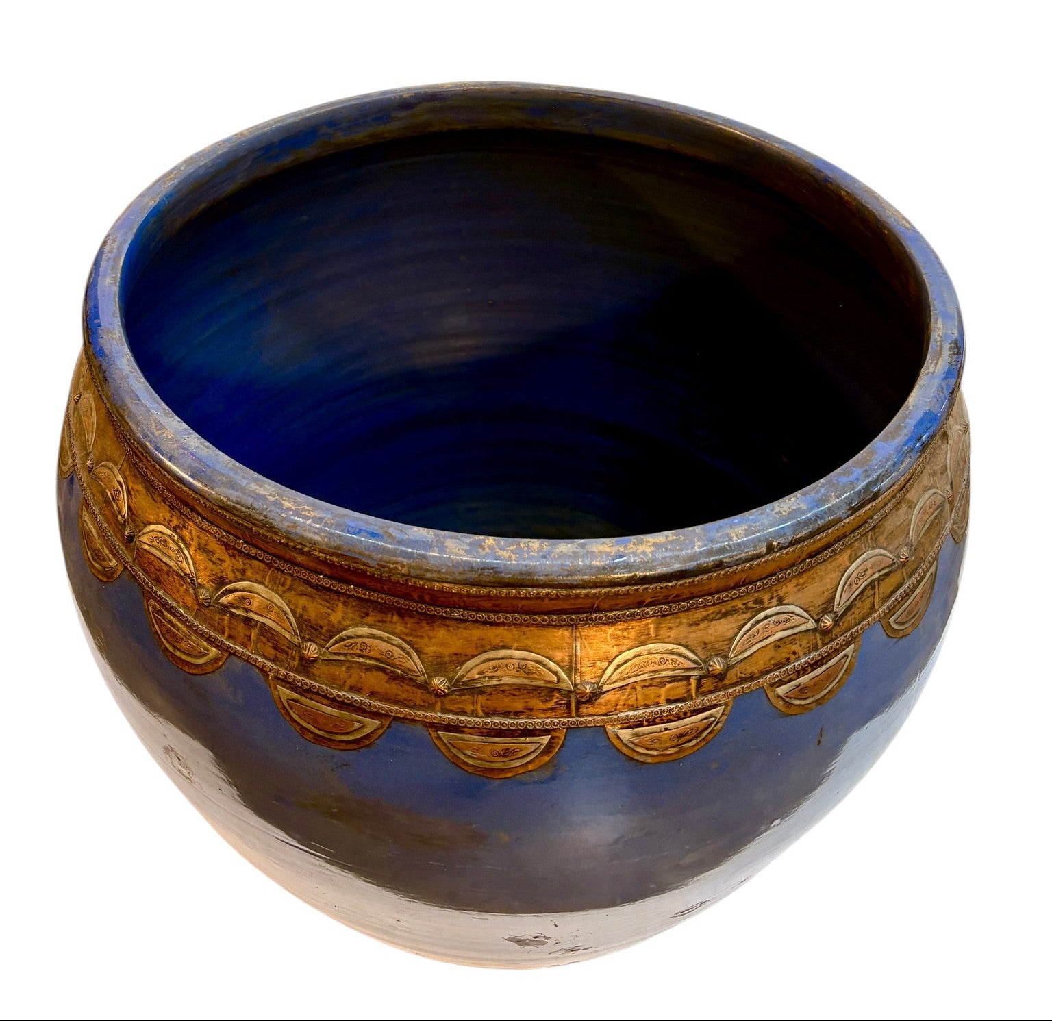 Large Moroccan Cobalt Blue-Glazed Open Planter with Brass Medallion Band