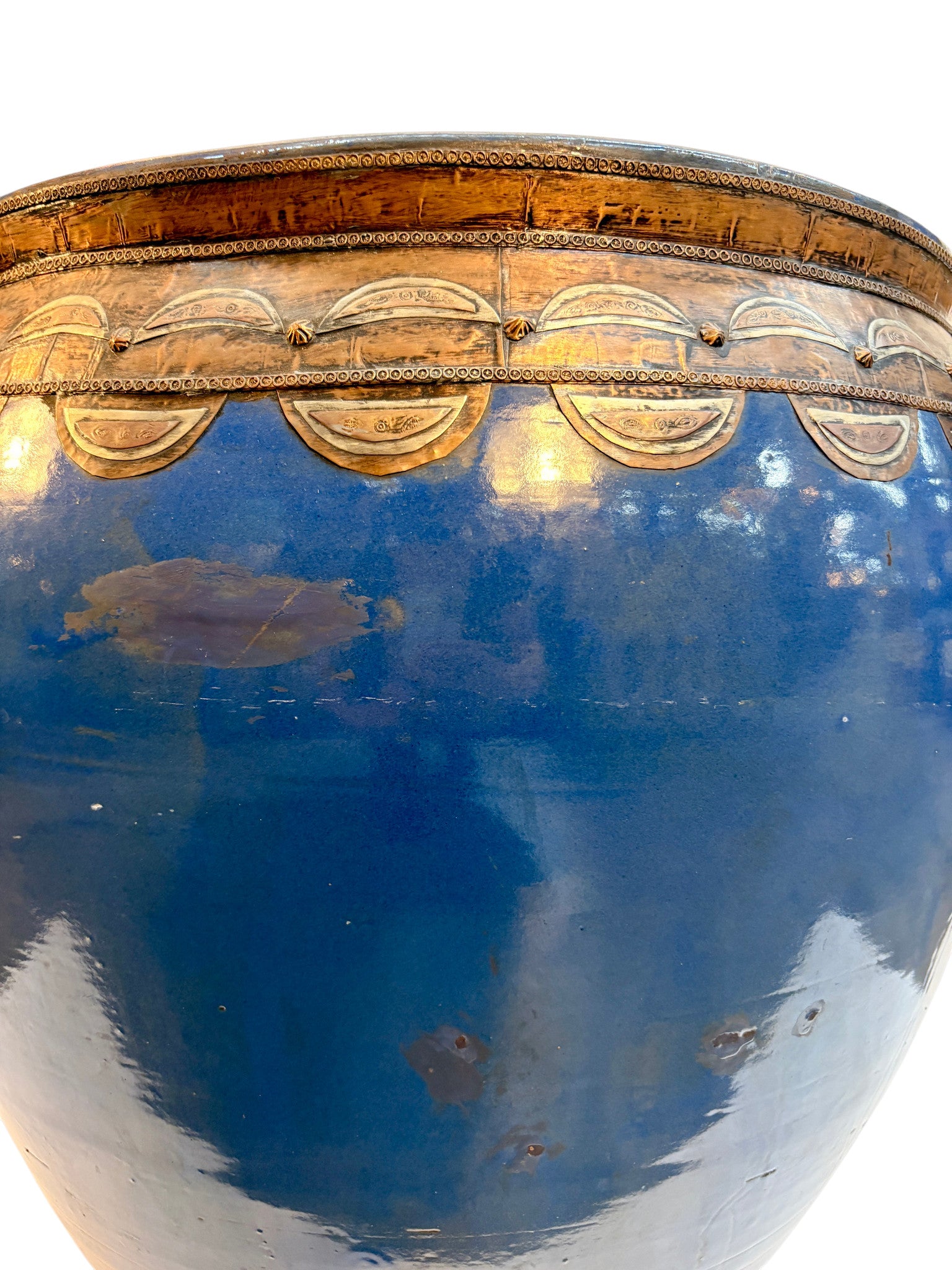 Large Moroccan Cobalt Blue-Glazed Open Planter with Brass Medallion Band