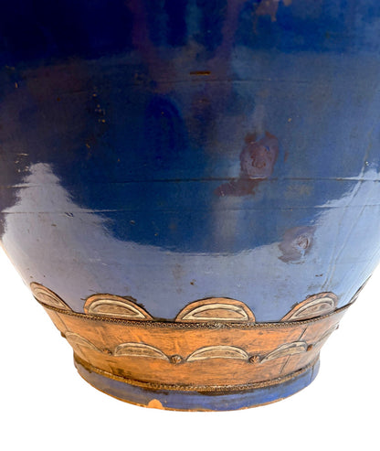 Large Moroccan Cobalt Blue-Glazed Open Planter with Brass Medallion Band