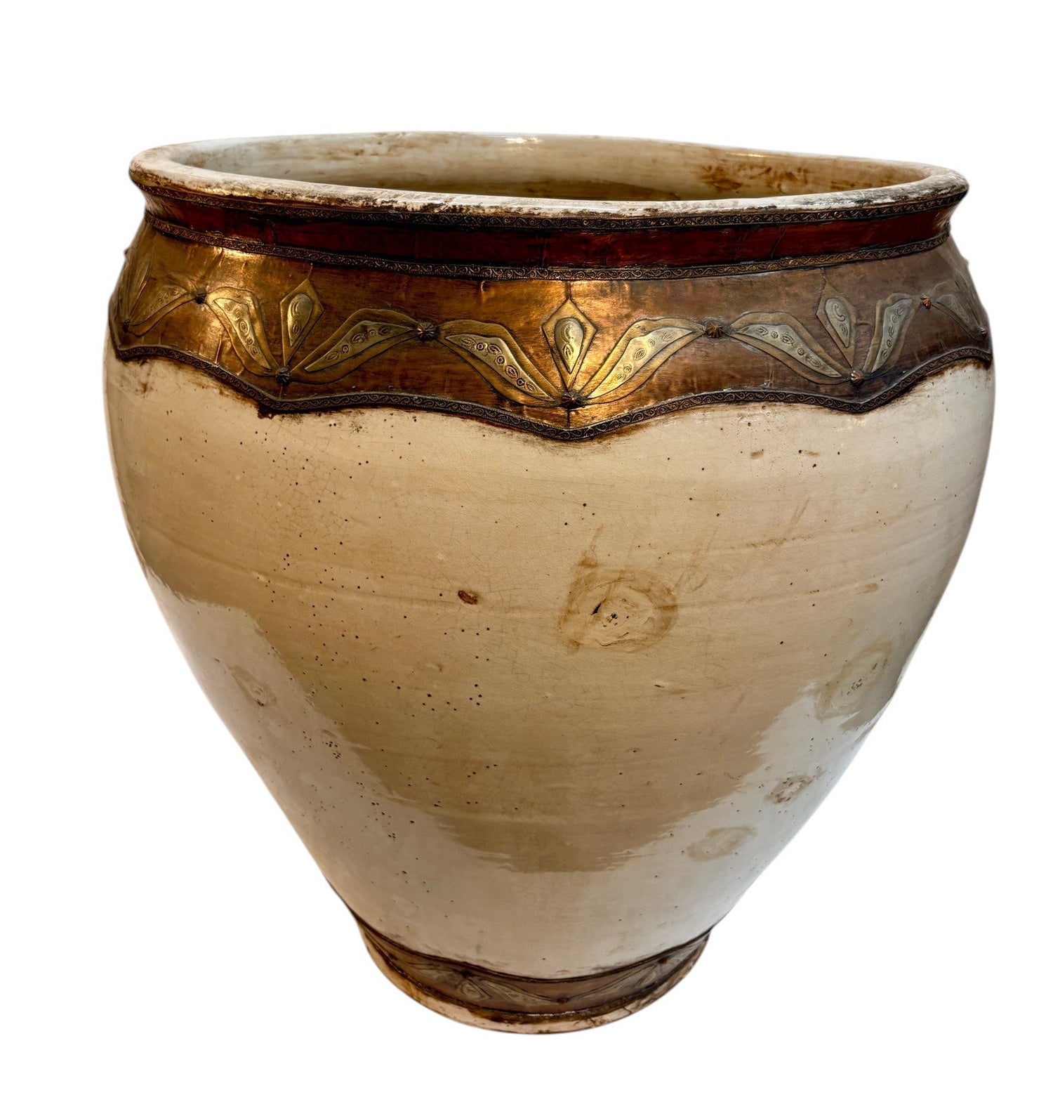 Large Moroccan Cream-Glazed Open Planter with Brass &amp; Copper Metalwork Band