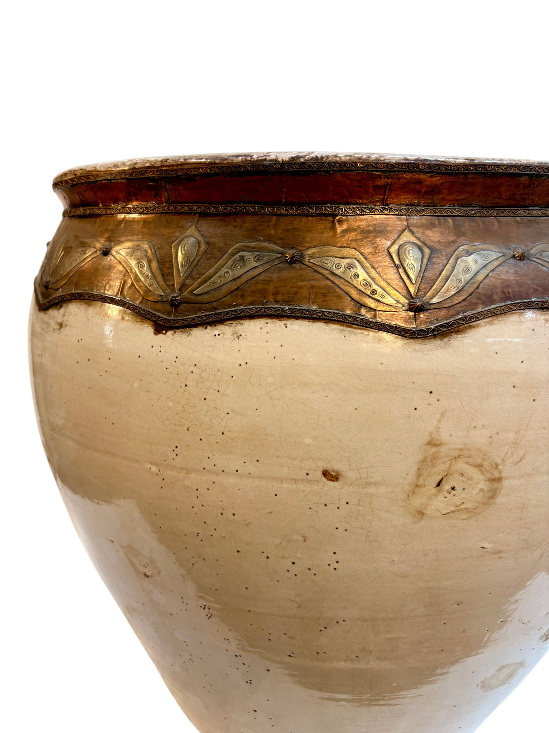 Large Moroccan Cream-Glazed Open Planter with Brass &amp; Copper Metalwork Band