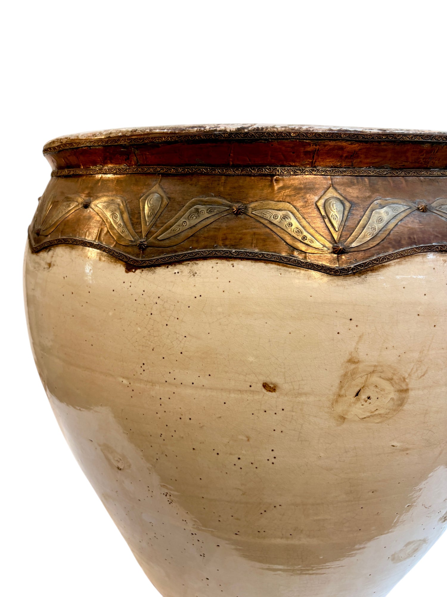 Large Moroccan Cream-Glazed Open Planter with Brass &amp; Copper Metalwork Band