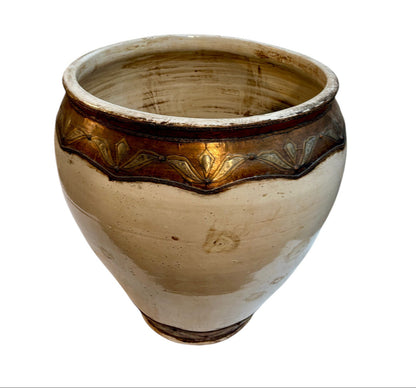 Large Moroccan Cream-Glazed Open Planter with Brass &amp; Copper Metalwork Band